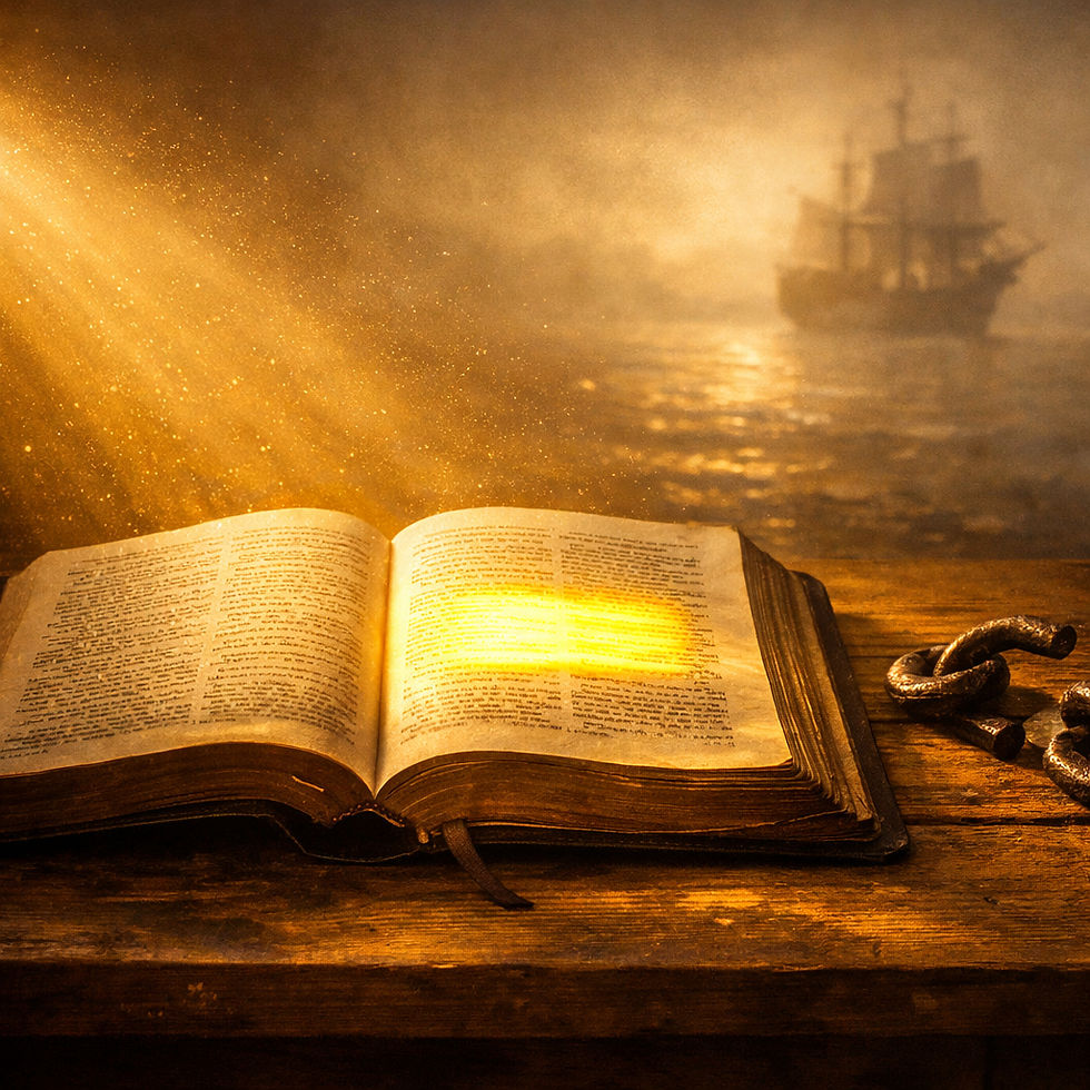Open Bible lit by golden light, broken chain on the table, ship silhouette in the distance, symbolizing prophecy and captivity.