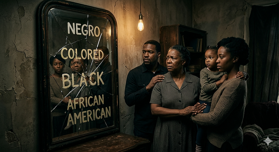 Family reflected in mirror with bywords Negro, Colored, Black, showing Judah’s lost heritage