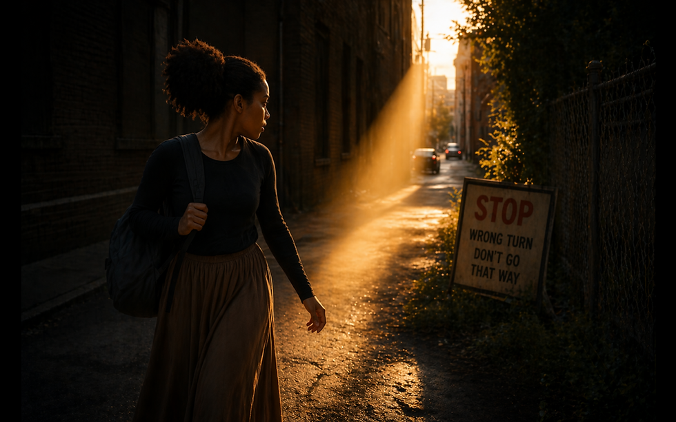 a woman looking back at a sign of warning
