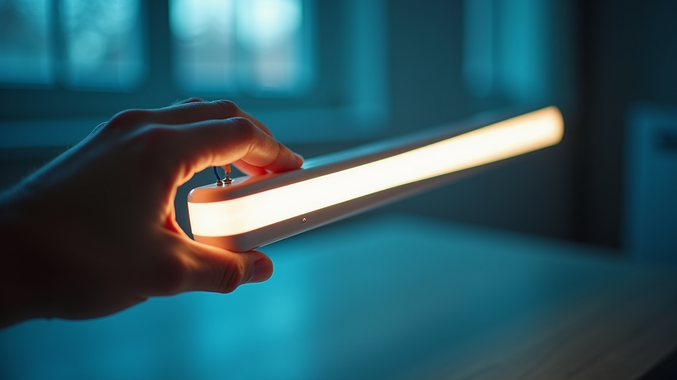 Close-up view of a therapist’s hand holding a light bar used in EMDR therapy
