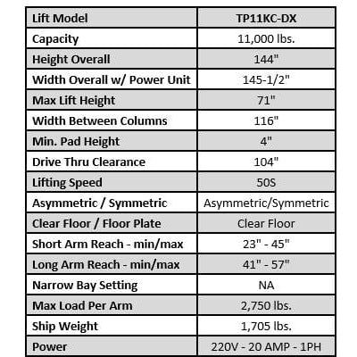 Tuxedo TP11KC-DX 11,000 lb Two Post Clear Floor --Direct Drive -...