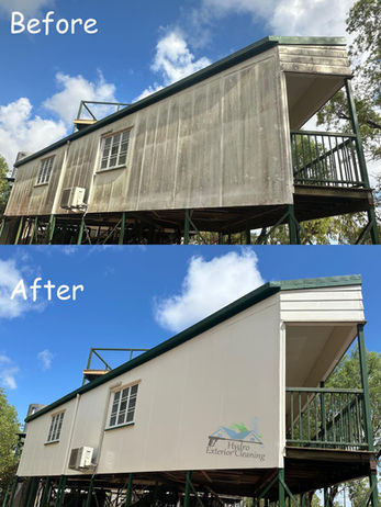 Before and after soft wash house washing in Townsville, showing a dirty rendered exterior covered in tropical mould compared to a clean, bright facade.