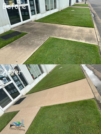 efore and after concrete pressure cleaning of a Ayr driveway contrasting dark, mould-stained concrete with a bright, clean surface.