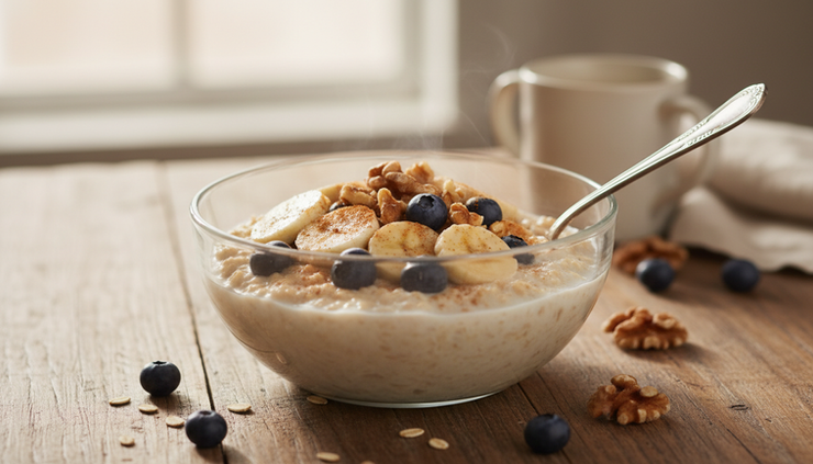 Close-up of a glass bowl of oatmeal topped with blueberries, banana slices, walnuts, and cinnamon.