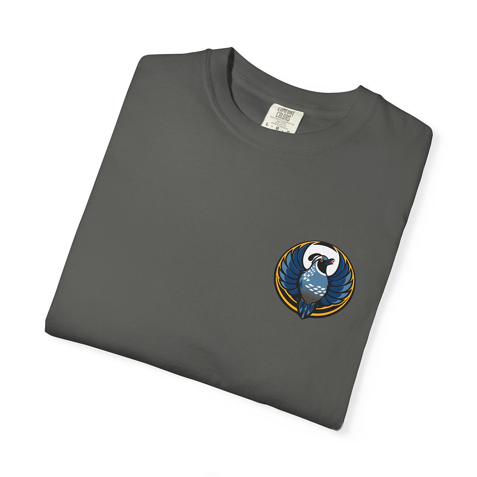 Thumbnail: California Quail Rebel Bird Graphic T‑Shirt- Blue Quail Chest & Back Print