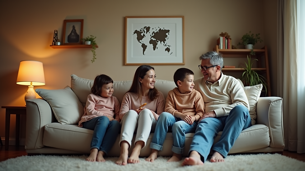 eye-level view of a family sitting together in a cozy living room