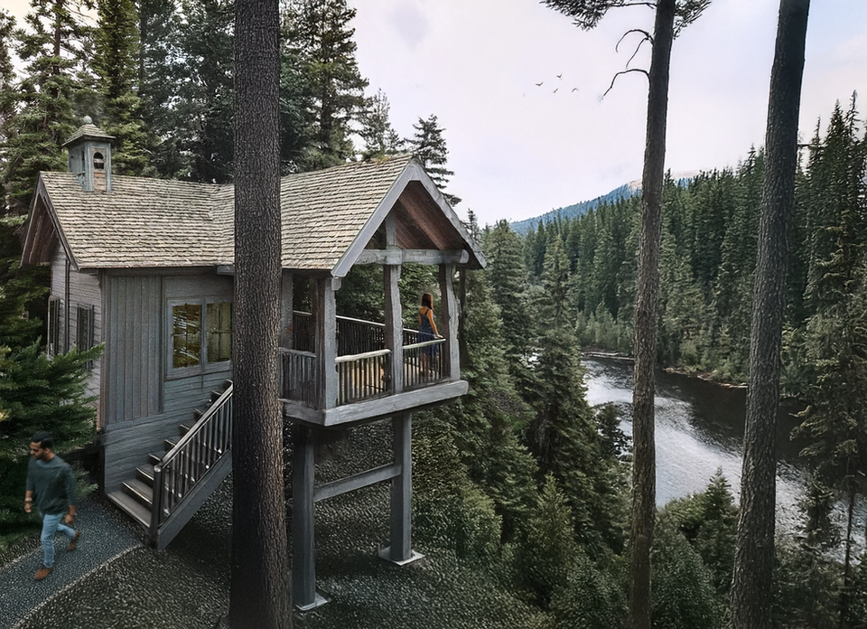 Large treehouse built above a river with cathedral roof, representing commercial blueprint for elevated guest lodging.