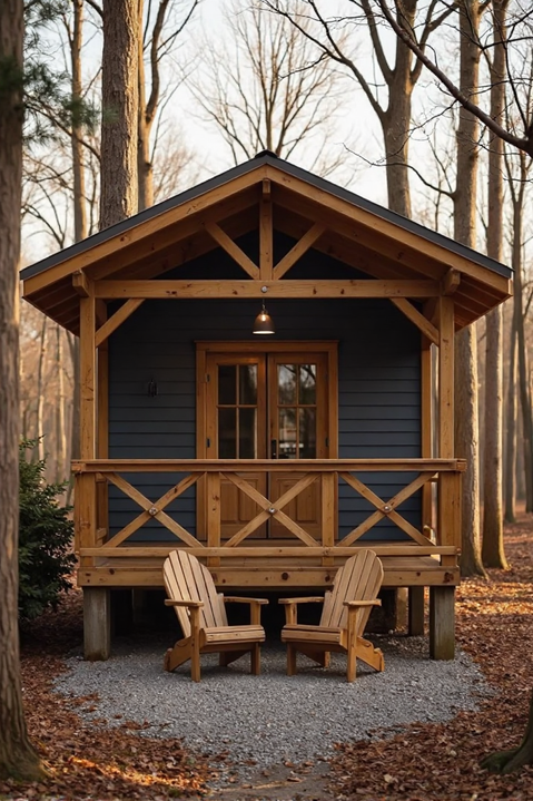 Gray luxury cabin with front porch and two chairs, surrounded by trees—ideal for boutique hospitality design.