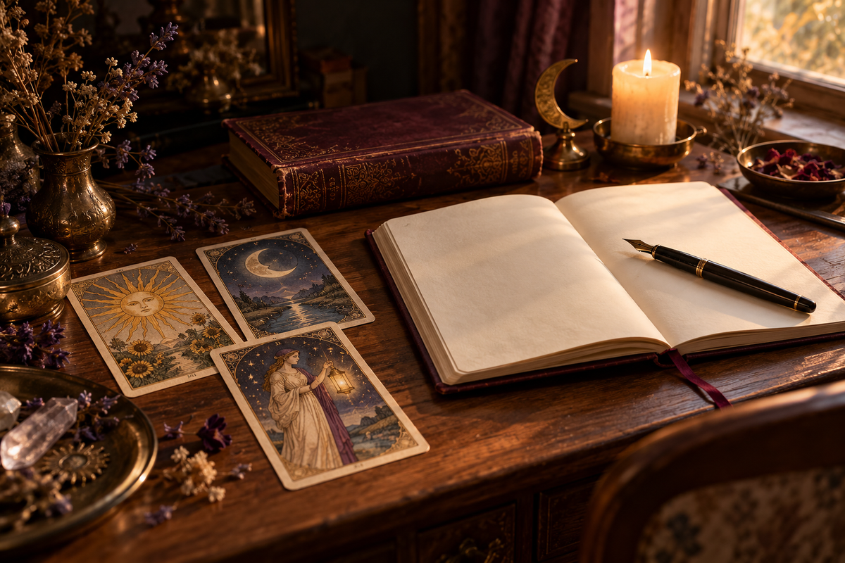 Mesa de aprendizaje con cuaderno, cartas de tarot, flores secas y luz de una vela