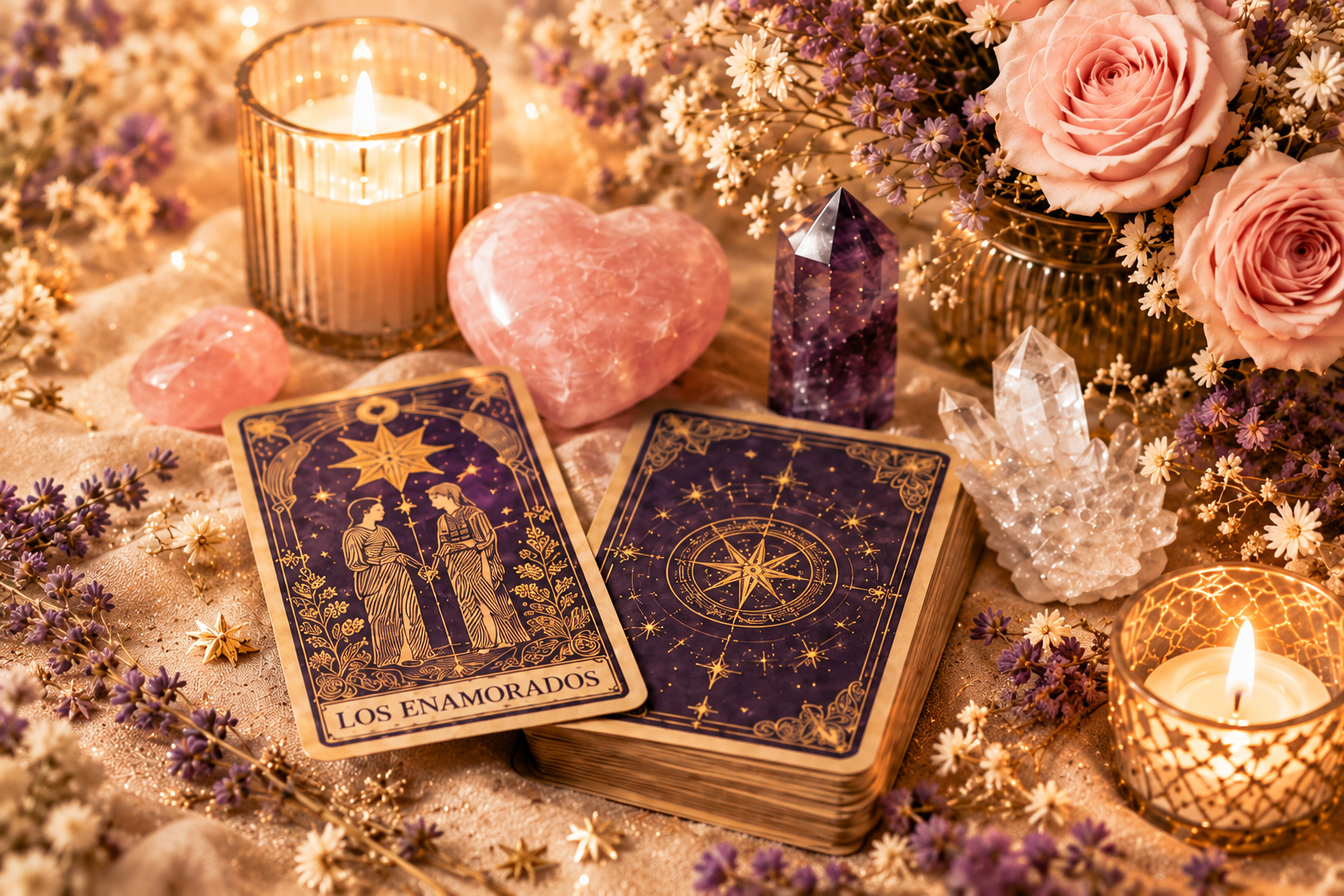 Cartas de los enamorados, rosas y cuarzo rosa