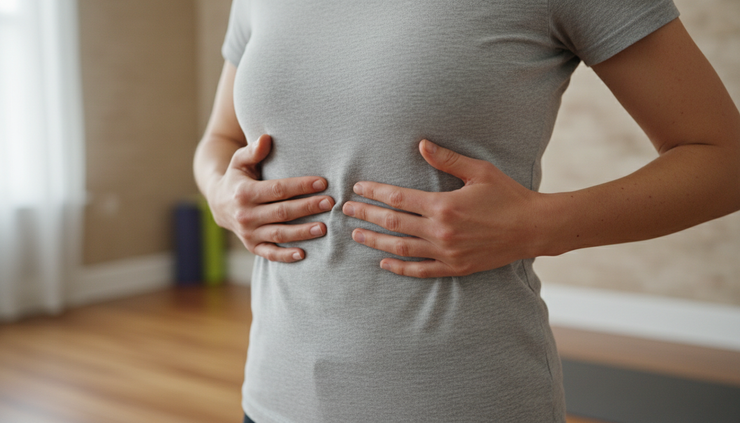 Close-up view of hands placed around the lower ribs during a breathing drill.