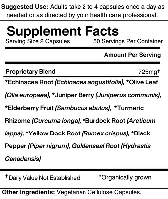 Echinacea Root (Echinacea angustifolia), Olive Leaf (Olia europaea), Juniper Berry (Junipe
