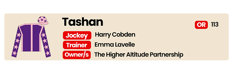 Racing card with purple jacket and cap, pink accents. Text: Tashan, Jockey: Harry Cobden, Trainer: Emma Lavelle, Owner: The Higher Altitude Partnership.