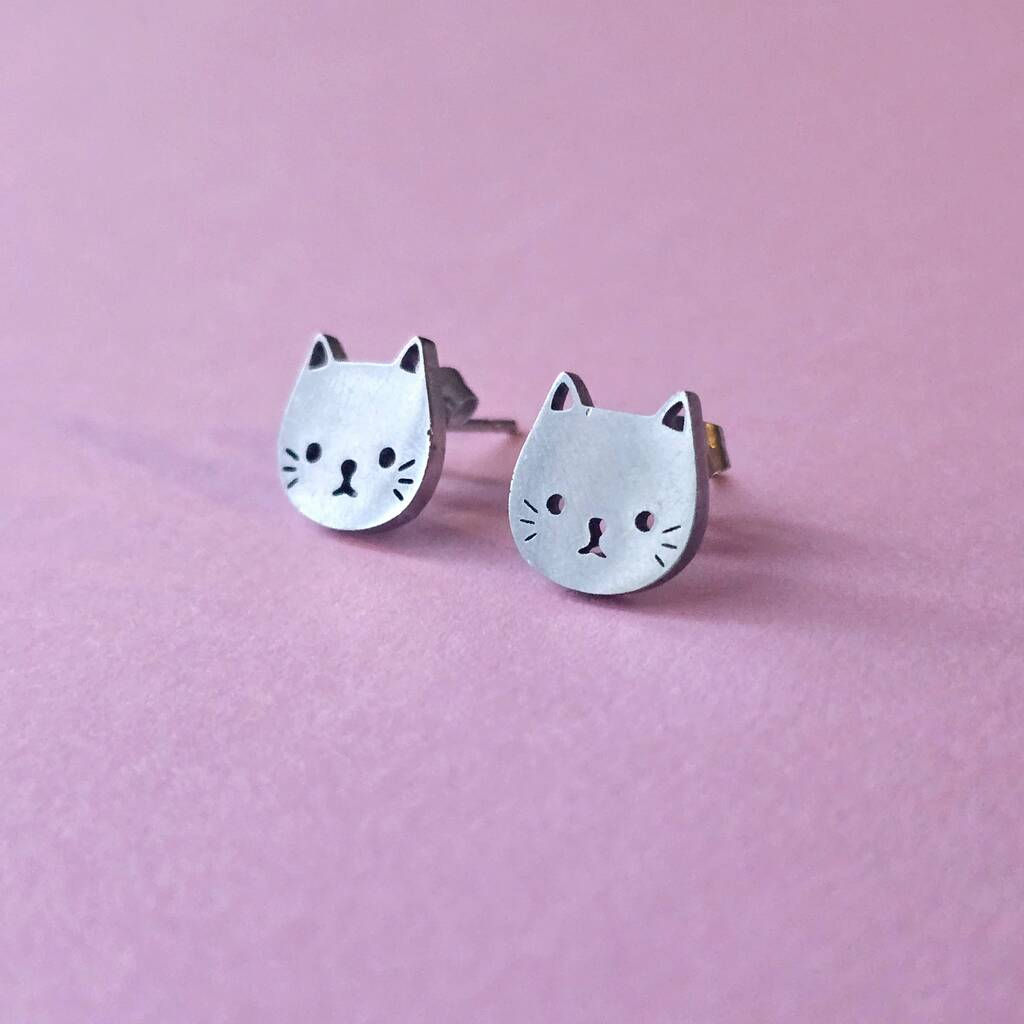 Silver Cat Face Studs In Stainless Steel