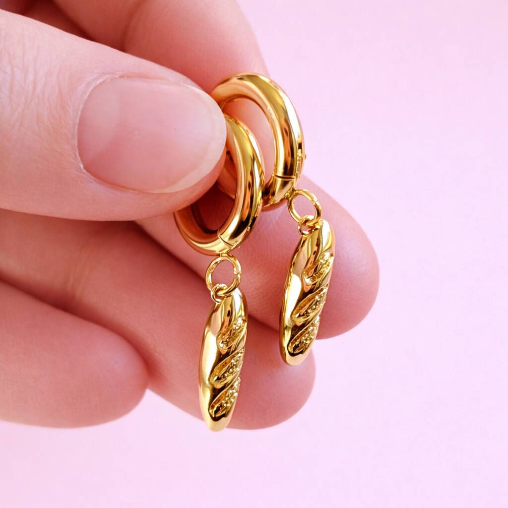 Baguette Charm Gold Plated Huggie Hoop Earrings
