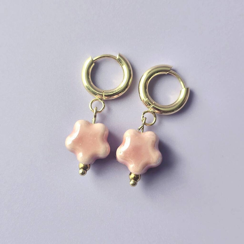 Thumbnail: Handmade Pink Ceramic Flower Huggie Hoop Earrings