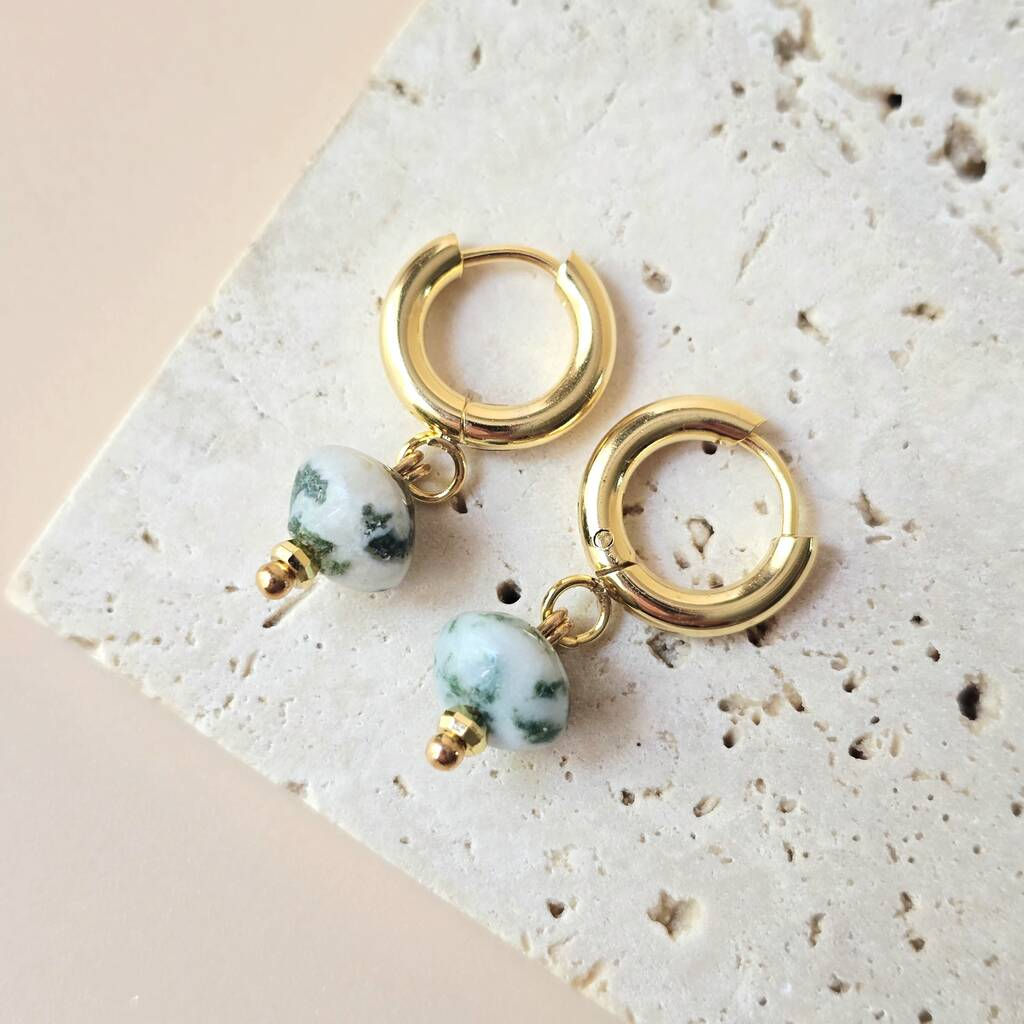 Natural Moss Agate Charm Huggie Hoop Earrings