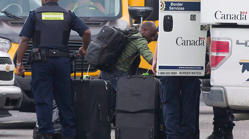Canada Border Services Agency officers escorting a man with luggage during a removal order process in Canada