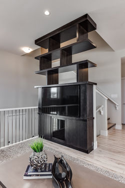 Media wall open shelving unit
