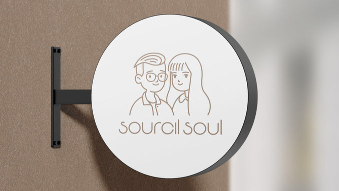Sourcil Soul 美業品牌設計，簡約線條風格的男女人物插圖與品牌字體設計，營造如光般細緻、親近而富情感的品牌氣息。