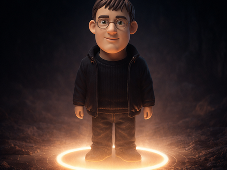 A clay-style 3D character wearing glasses stands alone in a dark, atmospheric environment, illuminated by a glowing circular ring of warm light beneath their feet. Soft mist surrounds the scene, and the gentle upward lighting highlights the character’s calm, reflective expression against the shadowed background.