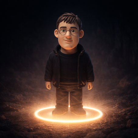 A clay-style 3D character wearing glasses stands alone in a dark, atmospheric environment, illuminated by a glowing circular ring of warm light beneath their feet. Soft mist surrounds the scene, and the gentle upward lighting highlights the character’s calm, reflective expression against the shadowed background.