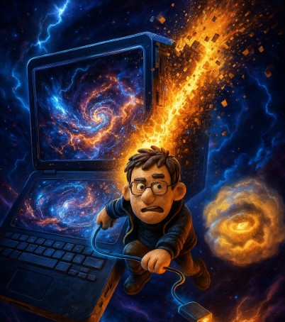 An illustrated image showing a cartoon-style man floating in mid-air against a dark blue and purple cosmic background. He looks surprised and is gripping a loose computer cable with both hands. In front of him, an open laptop is exploding outward with bright orange and yellow fragments that resemble pieces of data or broken components. Swirling blue and white cloud-like shapes surround the laptop, giving the sense of a chaotic digital storm. The man’s body is tilted backward as if pulled by the force of the explosion. The overall style is colourful and dramatic, with high contrast between the dark background and the bright glowing elements.