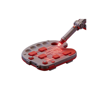 3D icon of an artist's palette being drawn upon by a mechanical robotic arm, with glowing red circuitry patterns on the palette surface