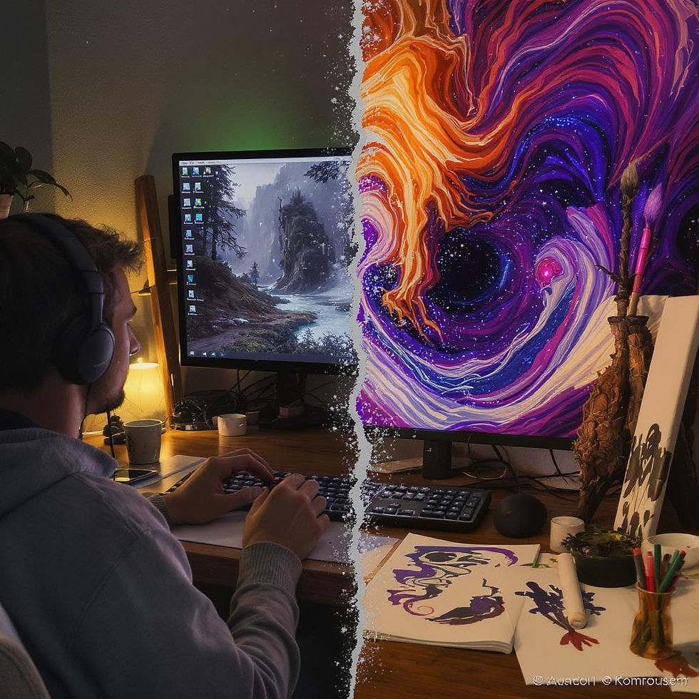 A split-image illustration showing a man sitting at a desk with headphones, using a computer. The left half of the image shows a realistic digital landscape scene on his monitor in cool, natural tones. The right half dramatically transforms into a vibrant, abstract swirl of colors—purples, oranges, and pinks—suggesting an explosion of imagination and creativity. Paintbrushes, ink drawings, and art supplies are visible on the desk, symbolizing the blend of digital work and artistic vision.