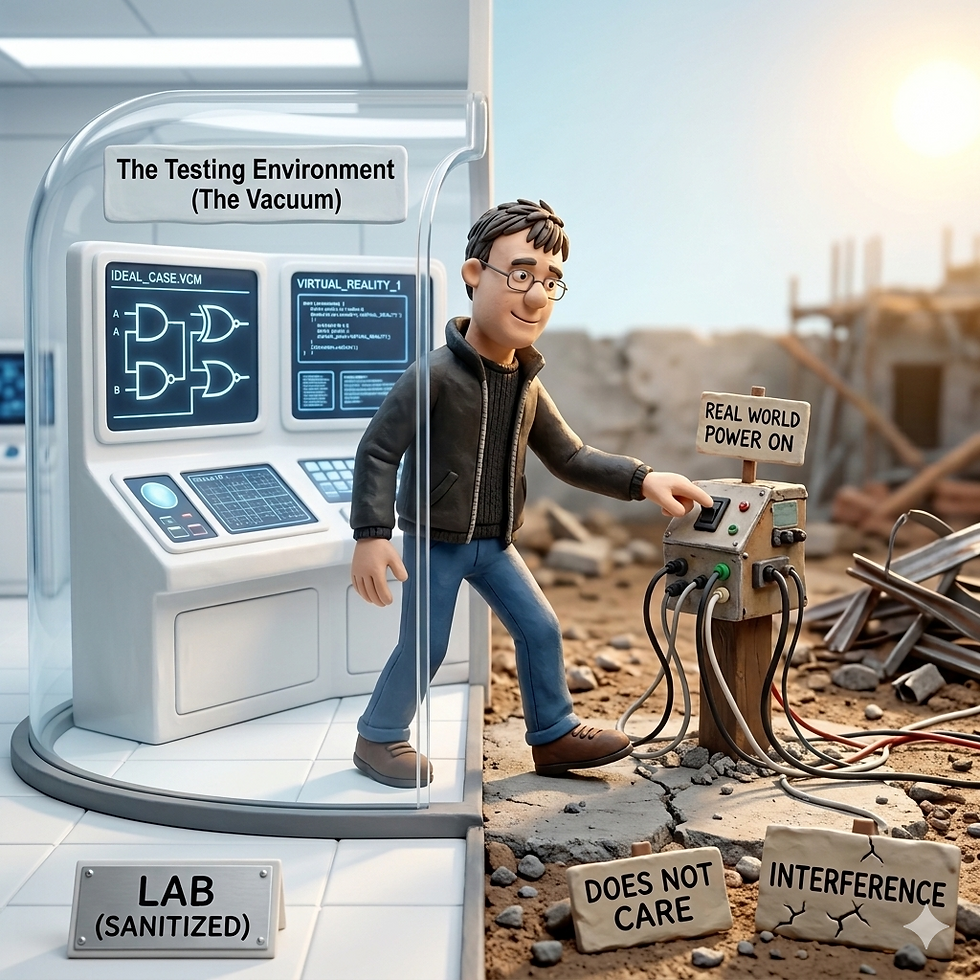 A split-screen 3D illustration depicting the contrast between a controlled testing environment and the messy reality of the "Real World." On the left, a character stands inside a clean, white "LAB (SANITIZED)" titled "The Testing Environment (The Vacuum)," featuring a high-tech console displaying perfect logic gates. On the right, the same character reaches out into a chaotic, rocky construction site to flip a switch on a weathered power box labeled "REAL WORLD POWER ON." Signs in the dirt on the right side read "DOES NOT CARE" and "INTERFERENCE," highlighting the unpredictable nature of external factors compared to a lab setting