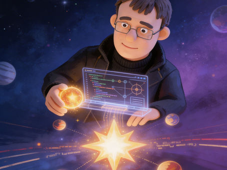 A stylized 3D digital illustration of a man with glasses and a black jacket, representing Tim. He is floating in a cosmic space setting, holding a glowing golden sphere in one hand while interacting with a holographic translucent laptop screen displaying code. Below him, a giant radiant star illuminates a series of orbiting planets in a vibrant purple and gold universe.