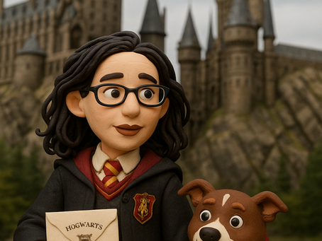 A handcrafted clay figure dressed in Hogwarts robes and a Gryffindor tie stands proudly before the iconic Hogwarts Castle, holding a Hogwarts acceptance letter. Beside them sits a cheerful brown-and-white dog wearing a red bandana - their loyal companion, ready to begin a magical adventure.