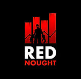 The Red Nought logo features a high-contrast design set against a black background. At the center is a silhouette of a Post apocalyptic humanoid figure wearing goggles in front of a jagged city skyline. Two mechanical arms extend from either side of the figure. Beneath the image, the name RED NOUGHT is written in bold capital letters. "RED" is in white, while "NOUGHT" is in red.