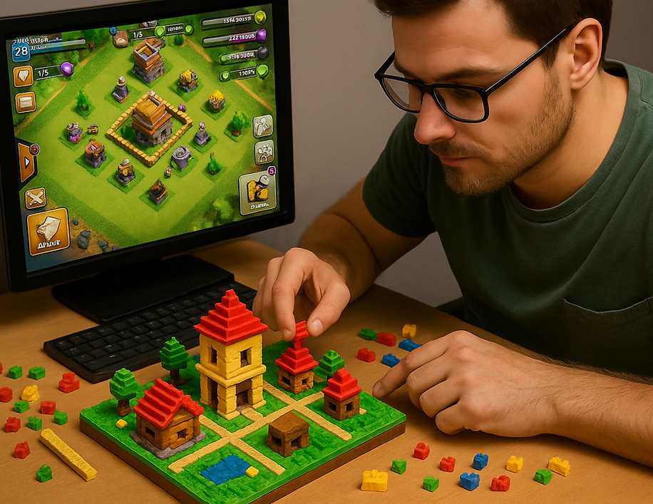 A man wearing glasses sits at a desk, carefully arranging small colorful building blocks to assemble a miniature village. In front of him is a detailed model with tiny houses, trees, and paths. Behind the model, a computer monitor displays a strategy-style video game featuring a similar village layout. The scene highlights the connection between digital world-building and hands-on creative construction.