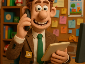 Claymation-style figure of a game developer or entrepreneur sitting at a desk, smiling while talking on the phone and holding a tablet. The desk has a computer keyboard and game controller, and a bulletin board with notes and a “GAME” poster is in the background, symbolizing creativity and game development.