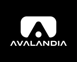 Avalandia logo with a white stylized VR headset and circle on a black background, with the word 'AVALANDIA' in bold, geometric white letters below