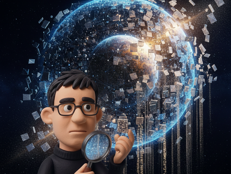 A 3D clay-style character with glasses looking concerned at a large, fragmented digital data sphere that is cracking and crumbling, representing data erosion in space