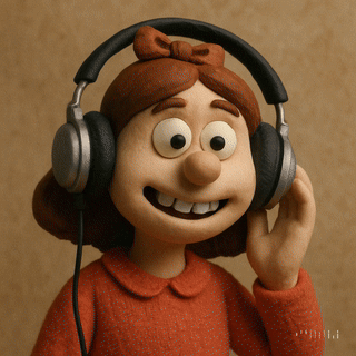 Claymation-style animated character with brown hair and a red bow smiling while wearing large silver headphones. The character appears to be enjoying music or listening attentively, set against a warm, simple background — conveying creativity, joy, and focus.