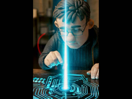 A clay-style character stands holding a small microchip. A glowing blue beam rises from holographic circuitry in front of him. He slowly moves the chip into the light as if activating it. The animation is calm, subtle and futuristic.