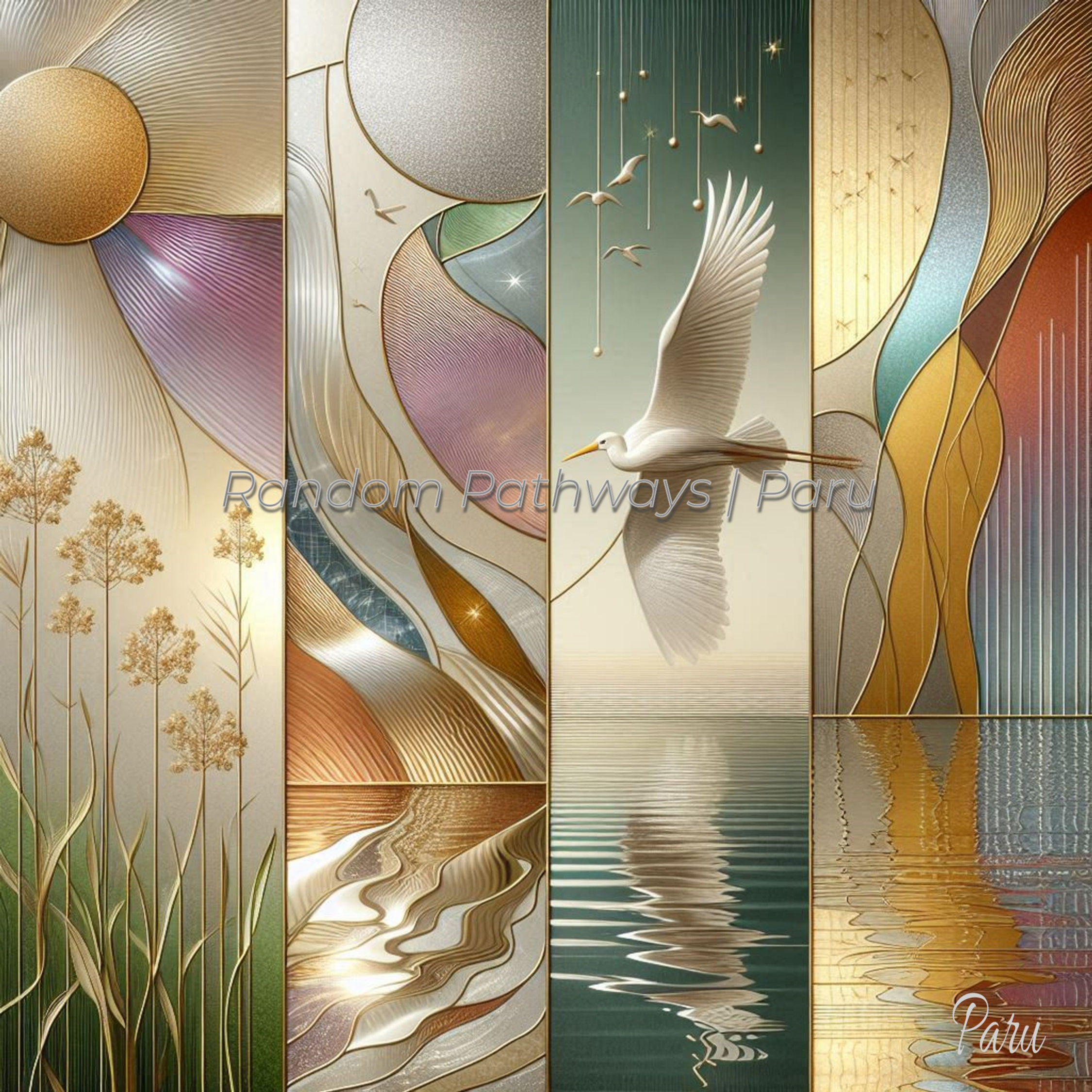 Gilded abstract heron artwork with vertical panels, flowing metallic shapes, and water-like reflections.