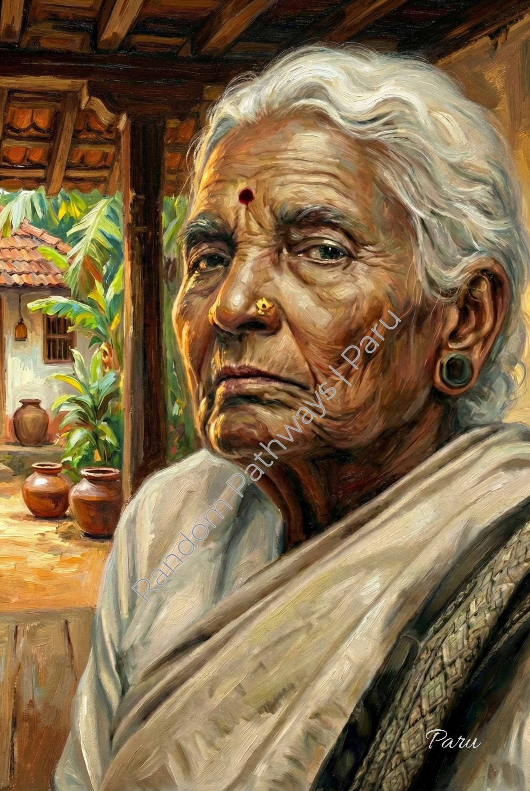 Painterly oil-style portrait of an elderly Indian woman seated on a verandah, wearing traditional attire, with a calm, watchf