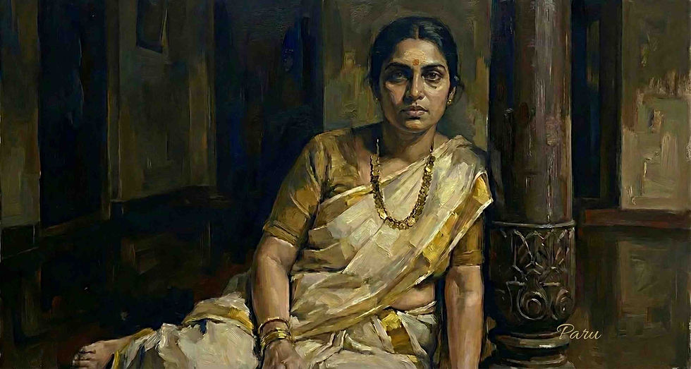 Between Pillars — contemporary portrait painting by Paru Viswanathan exploring colour, texture, and layered surface.