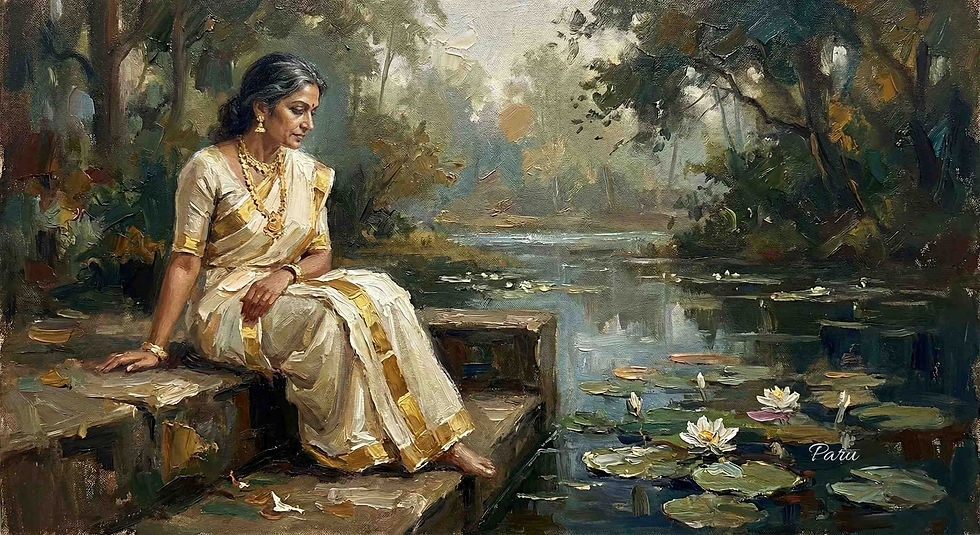 Where Water Rests — contemporary portrait painting by Paru Viswanathan exploring colour, texture, and layered surface.
