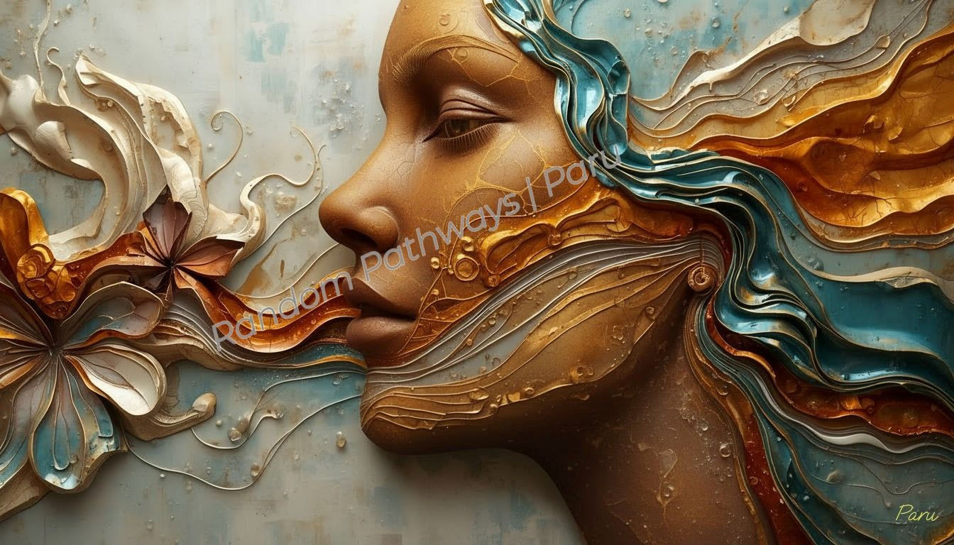Abstract digital portrait of a woman in profile with flowing layered forms in gold, teal, and earthy tones.