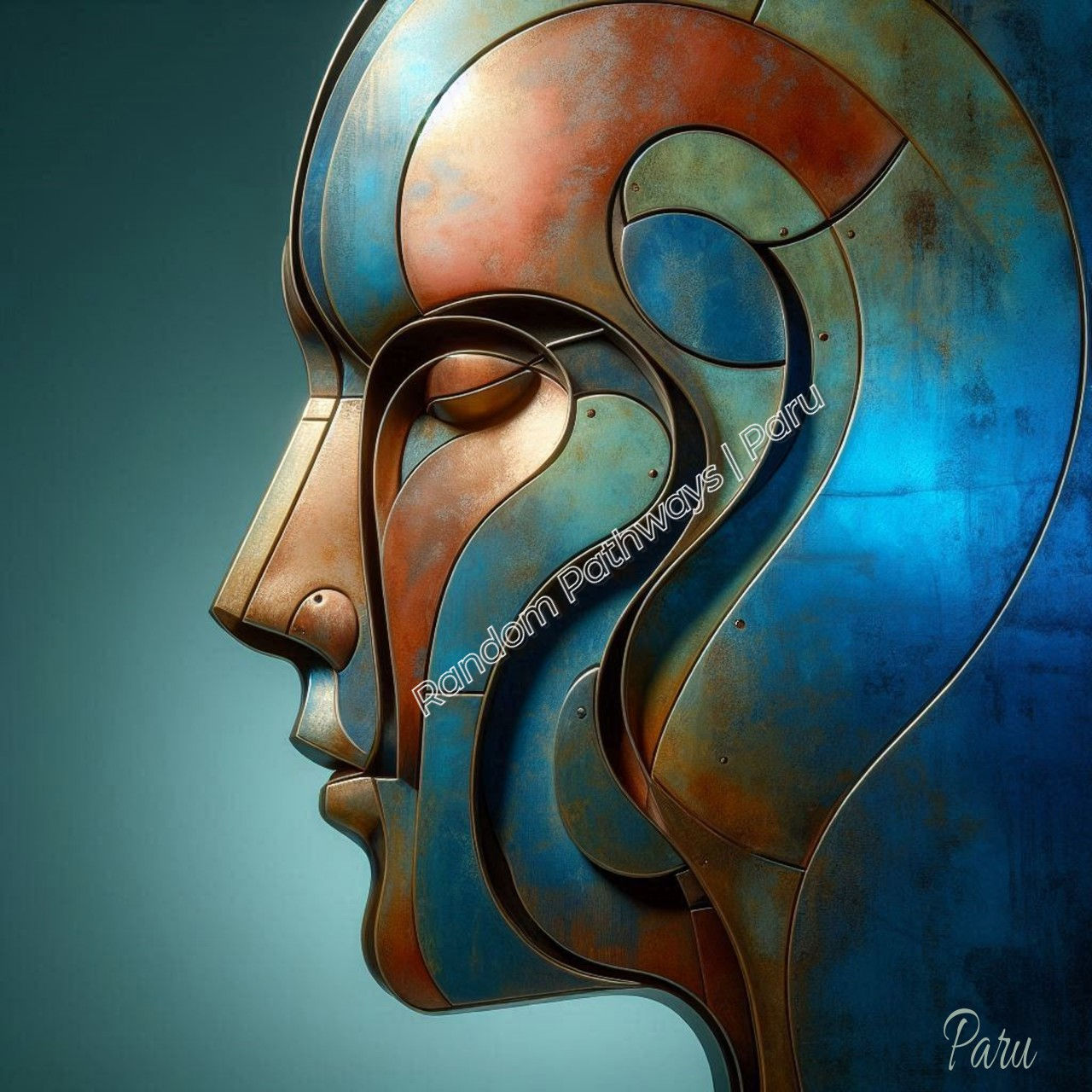 Abstract human profile formed from layered shapes in warm rust and cool turquoise hues.