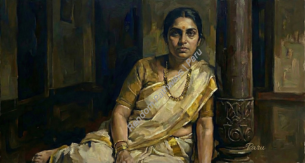 Figurative painting of an Indian woman seated between architectural pillars, calm and composed.