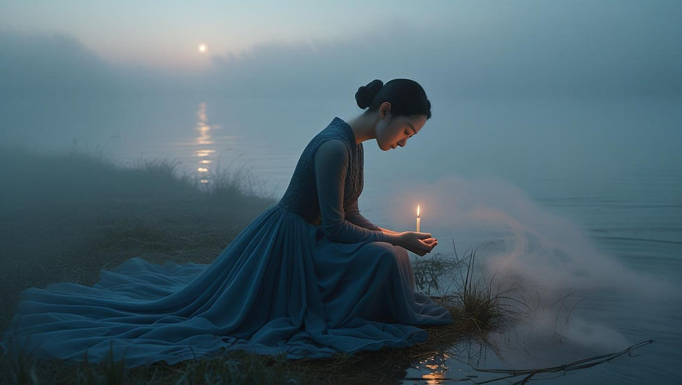 Woman kneeling beside a fog-covered lake at dawn, head bowed over a small candle in her hands, symbolising patience and trust in unseen growth.