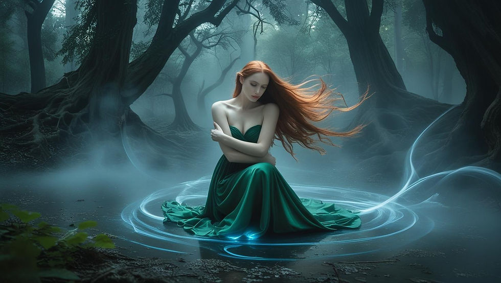 A woman kneeling in a forest, arms wrapped around herself, surrounded by swirling energy—depicting how emotional weight settles in the body.