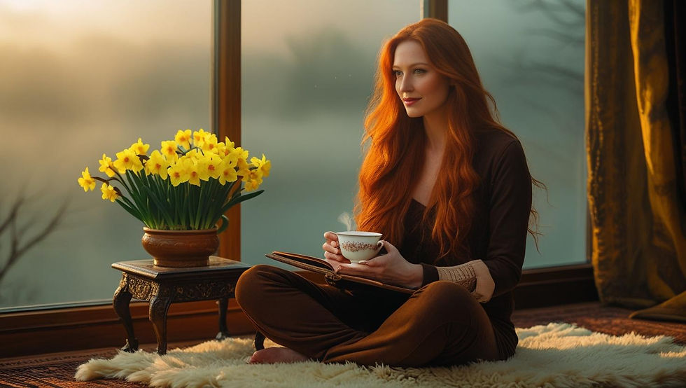 Woman sitting cross-legged by a window on a misty morning, holding a cup of tea with a journal on her lap, a pot of yellow jonquils on a table beside her, symbolising reflection and self-care in a quiet season.