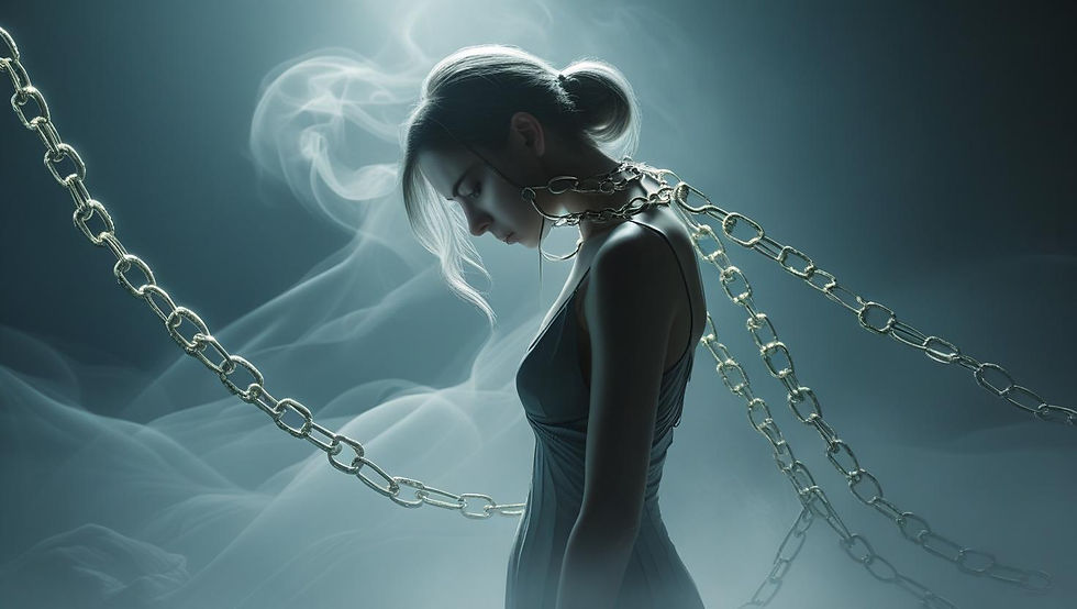 A woman with her head bowed, wrapped in glowing chains across her shoulders, surrounded by mist—representing the emotional burden of obligation.